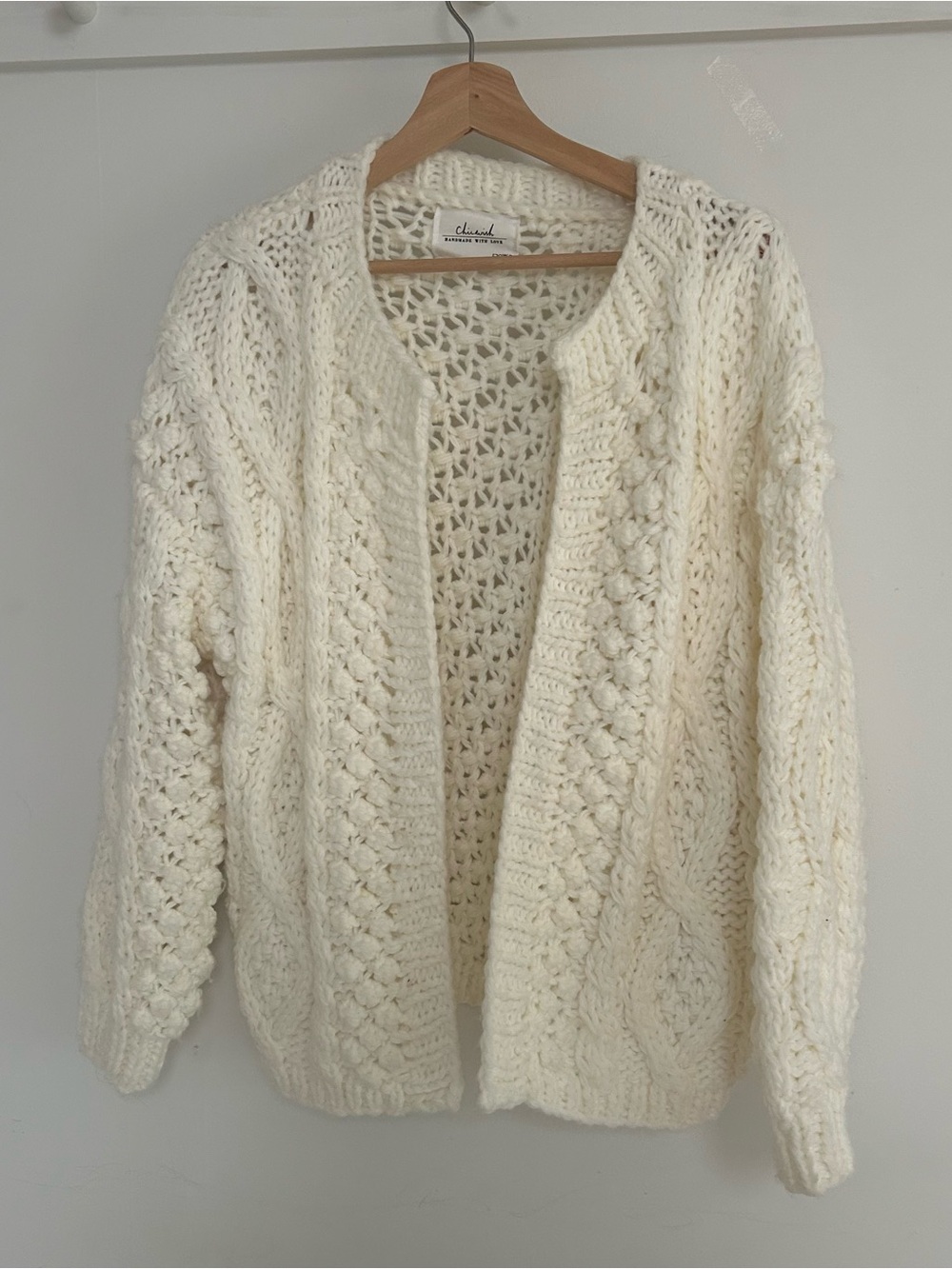 Handmade Chunky Open-Front Cream Cable Knit Cardigan
